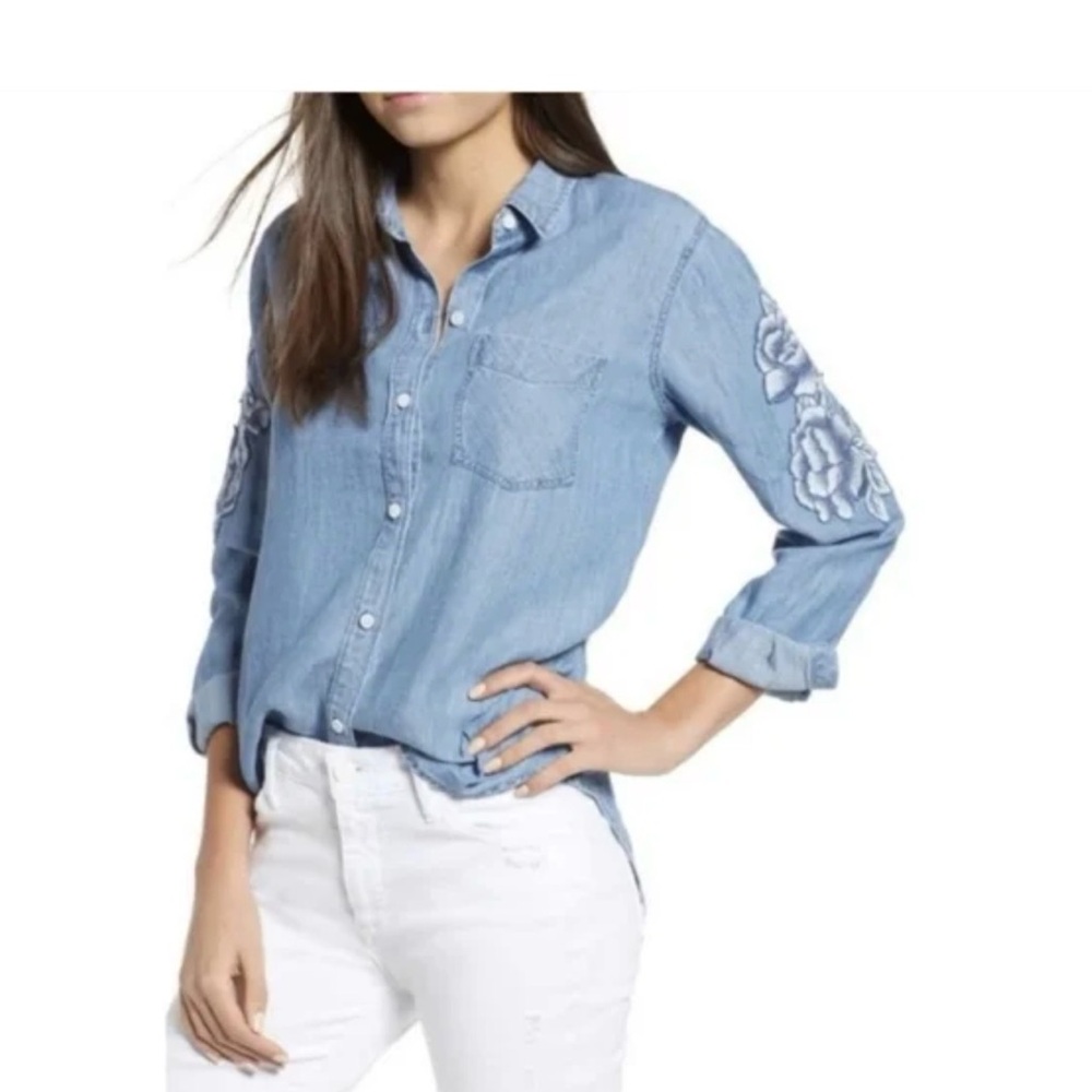 Rails Chambray Denim Shirt with Floral Embroidery. Size Small